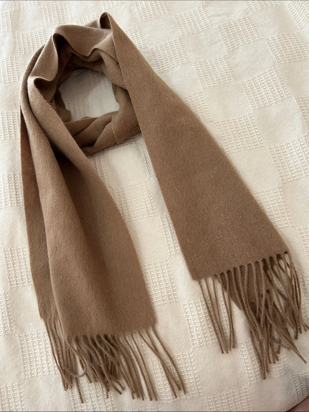 Alashan camel brown scarf made from a blend of merino wool and cashmere